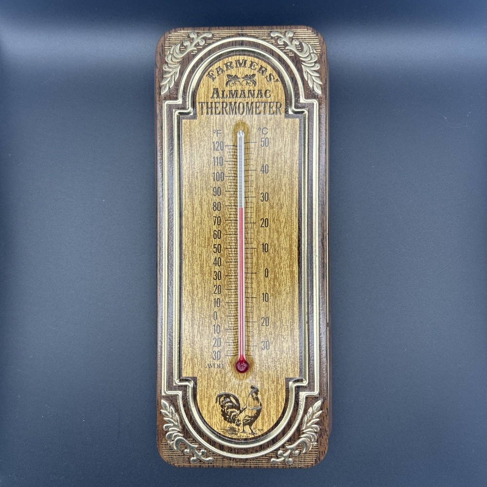 1979 FARMER'S ALMANAC THERMOMETER w/ SOAP'S Tin Cover w/ Rooster 9" VINTAGE NOS
